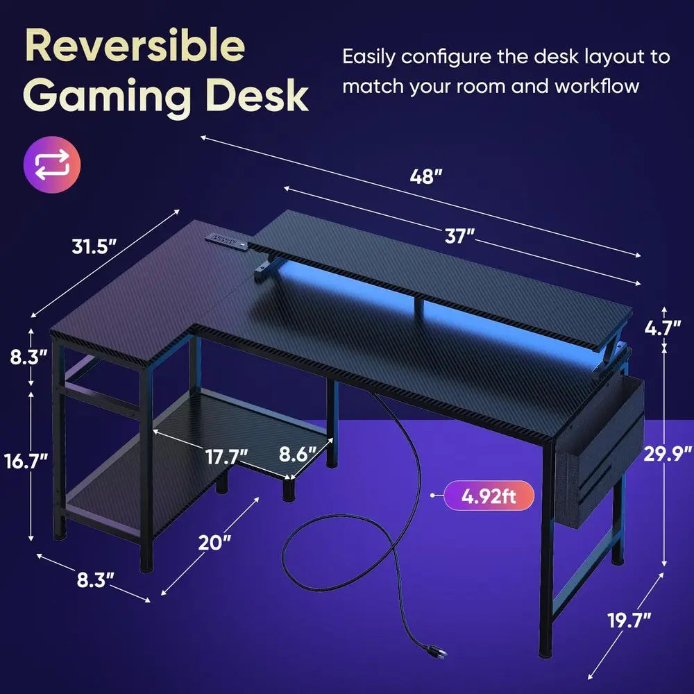 Gaming Desk, Computer Desk with USB Charging Ports, Power Outlets, TypeC and LED Lights, Reversible L Shaped Desk with Storage S