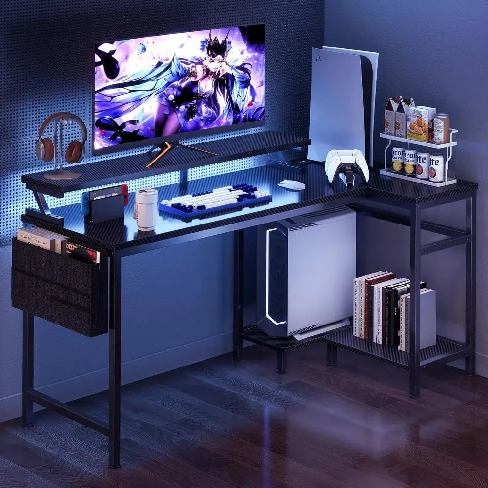 Gaming Desk, Computer Desk with USB Charging Ports, Power Outlets, TypeC and LED Lights, Reversible L Shaped Desk with Storage S
