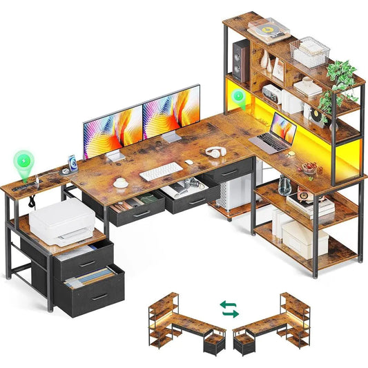 79 L-Shaped Desk with 5 Drawers, LED-lit, 2 Outlets, Storage Shelves, Vintage Style Gaming Desk