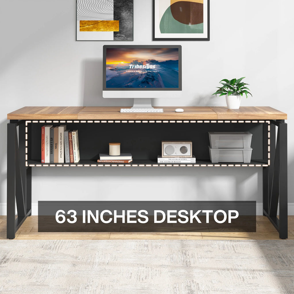 Tribesigns 63" Computer Desk with Bottom Storage Shelf Home Office Desk Writing Table for Workstation, Cabinet not Included