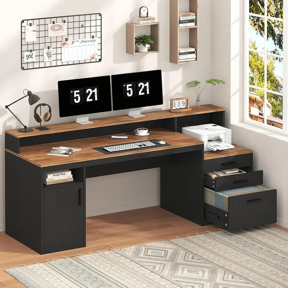 Computer Desk with 3 Ders & Storage Shelves, 65 Inch Home Oice Desk with ile Der & Cabinet, Writing Study Desks with Monitor Sta
