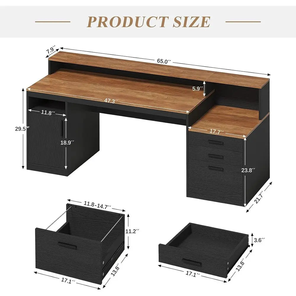 Computer Desk with 3 Ders & Storage Shelves, 65 Inch Home Oice Desk with ile Der & Cabinet, Writing Study Desks with Monitor Sta