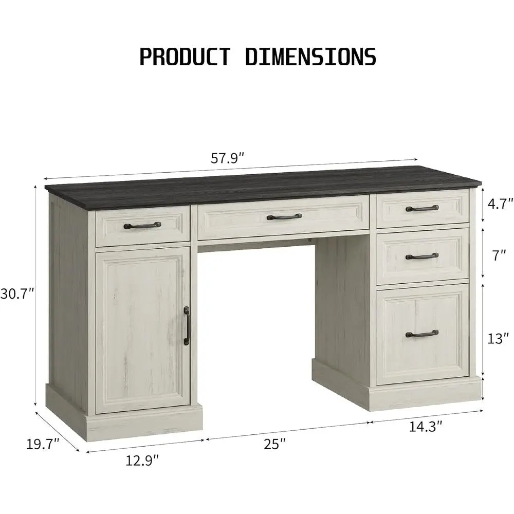 Large 58-inch Executive Desk with Drawers, Home Office Desk with File Drawer and Storage Cabinet, Rustic Style for Computer Work