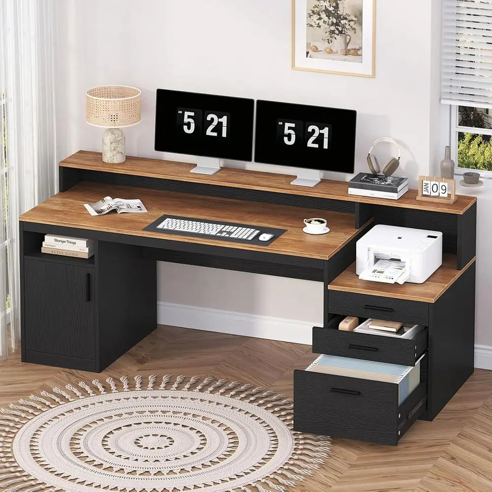 Computer Desk with 3 Ders & Storage Shelves, 65 Inch Home Oice Desk with ile Der & Cabinet, Writing Study Desks with Monitor Sta