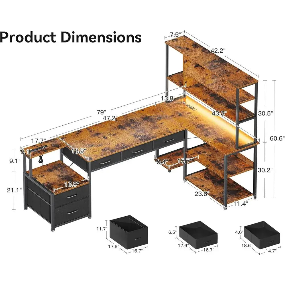 79 L-Shaped Desk with 5 Drawers, LED-lit, 2 Outlets, Storage Shelves, Vintage Style Gaming Desk