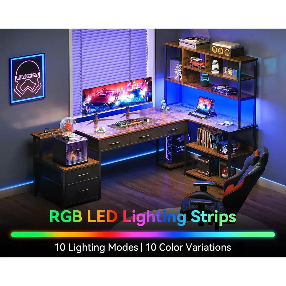 79 L-Shaped Desk with 5 Drawers, LED-lit, 2 Outlets, Storage Shelves, Vintage Style Gaming Desk