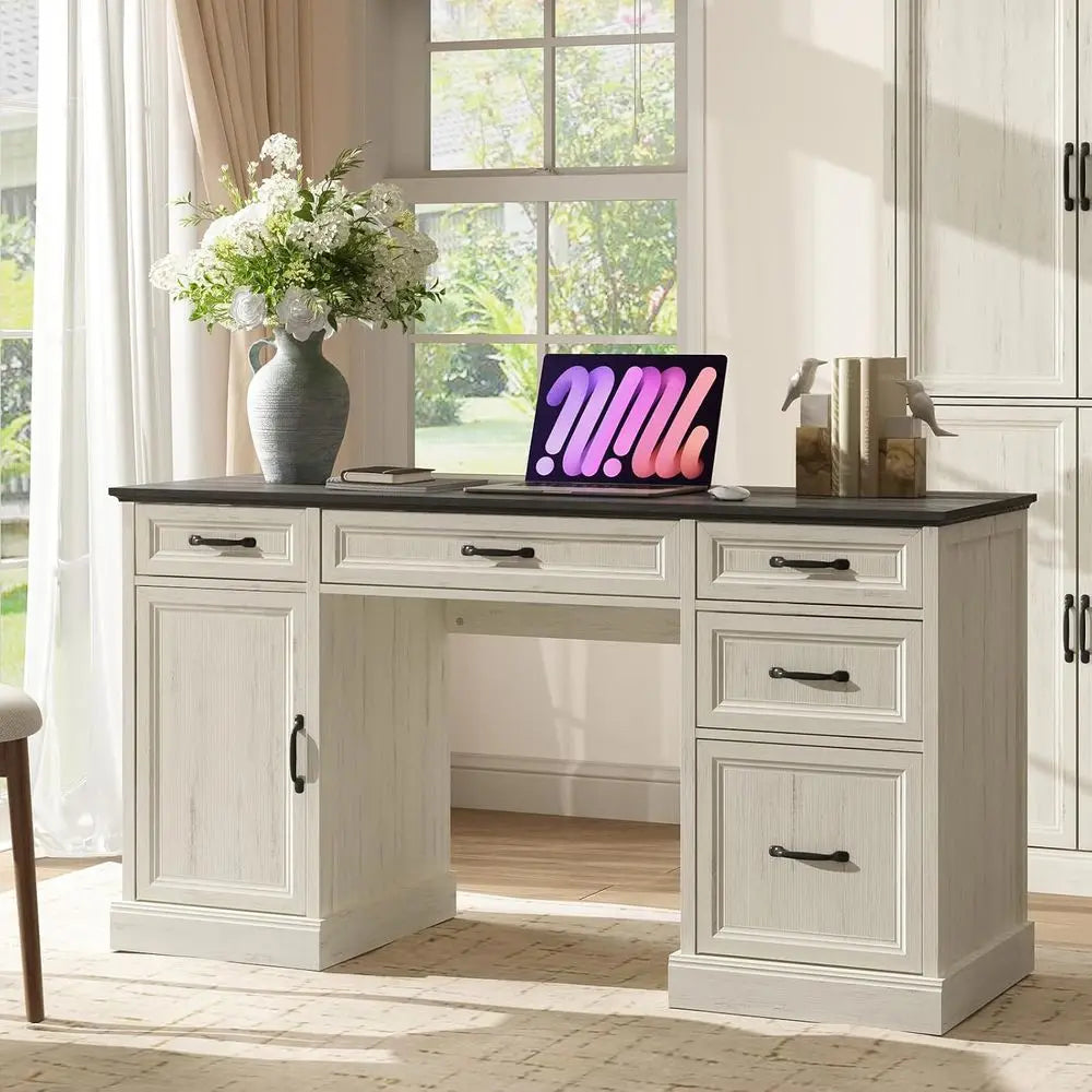 Large 58-inch Executive Desk with Drawers, Home Office Desk with File Drawer and Storage Cabinet, Rustic Style for Computer Work