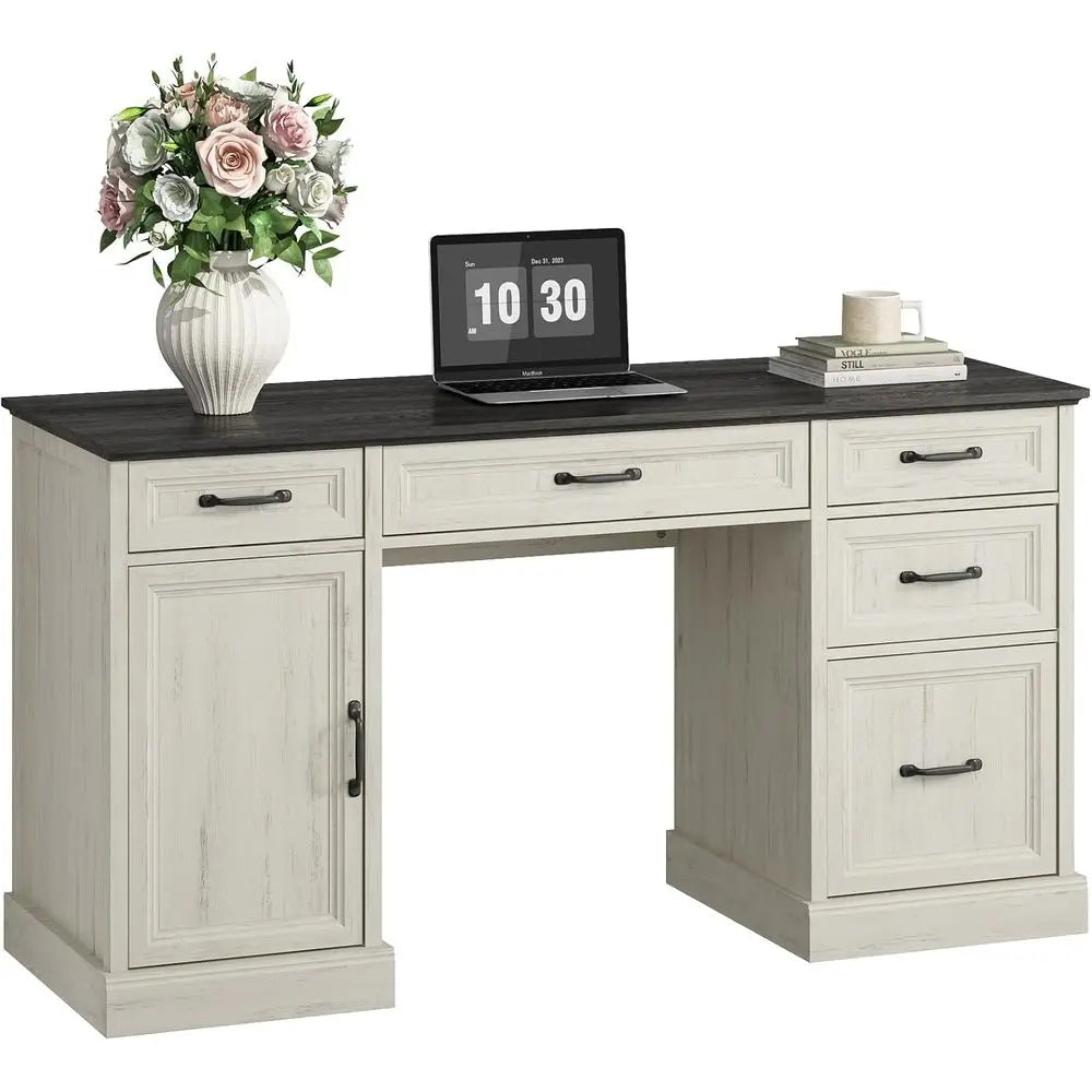 Large 58-inch Executive Desk with Drawers, Home Office Desk with File Drawer and Storage Cabinet, Rustic Style for Computer Work