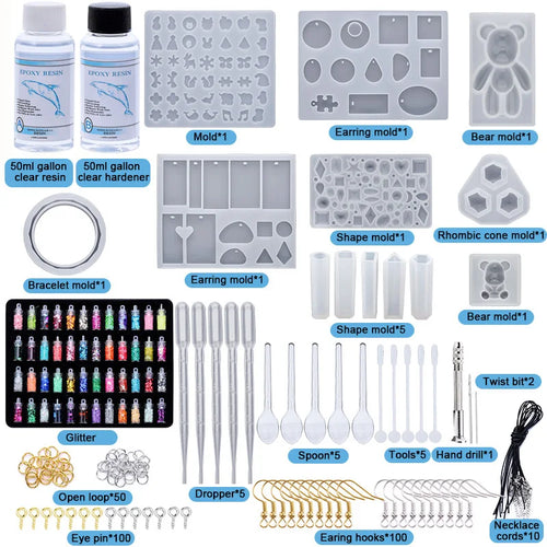 Epoxy Resin Silicone Molds Starter Kit All in One Office Home Decor Art Clear Craft Jewelry Making Kit for Keychain Necklace DIY